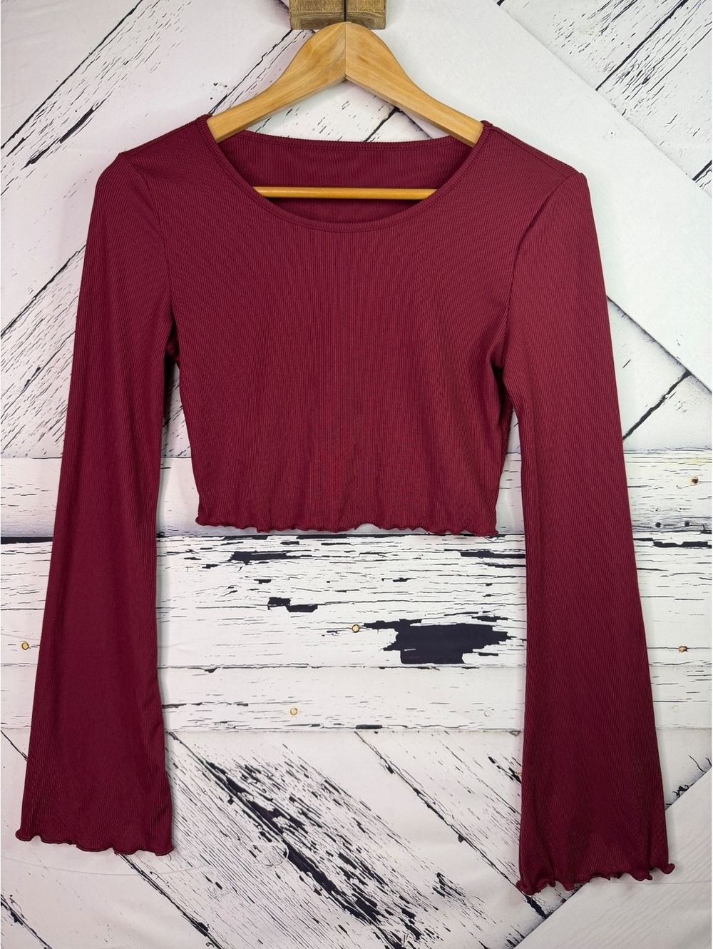Y2K Fairy Coquette Burgundy Ribbed Flare Sleeve Crop Top Women’s Small